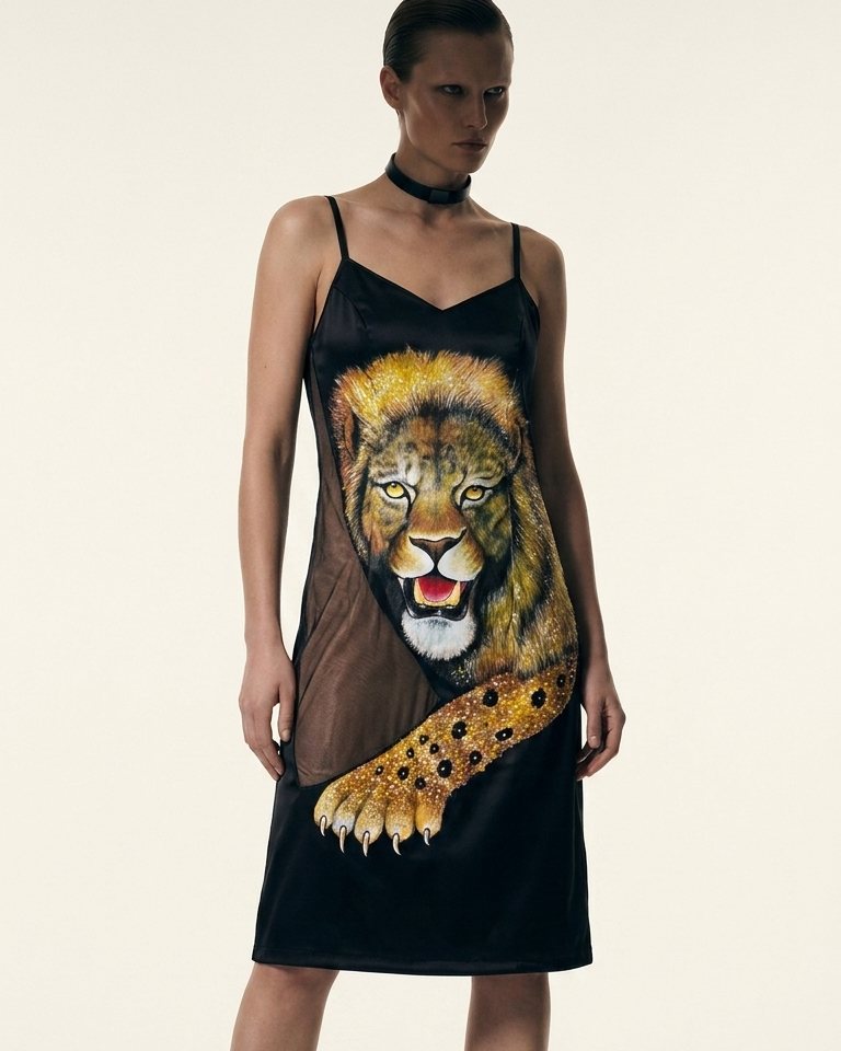 Black satin animal slip dress