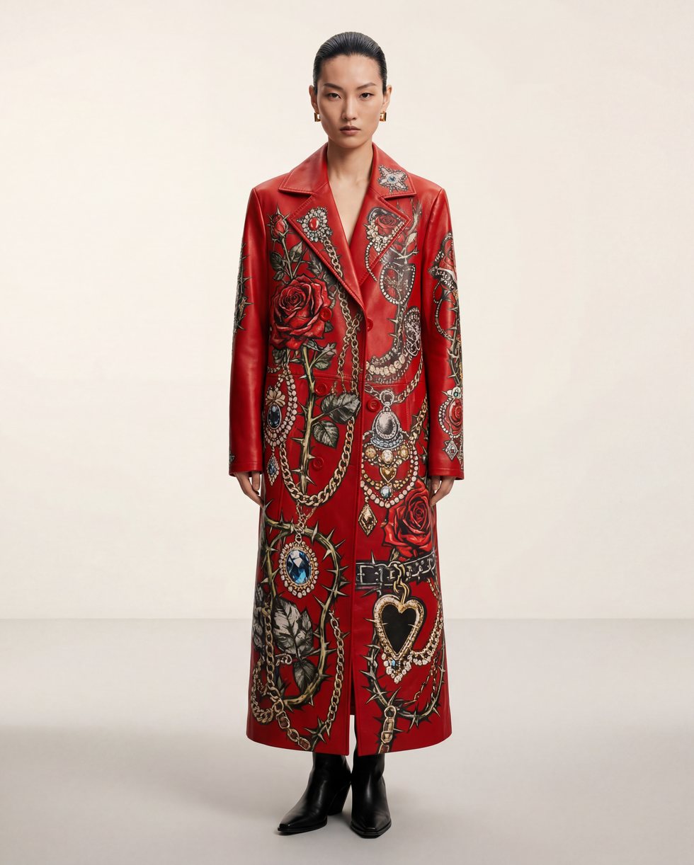 Red rose leather coat