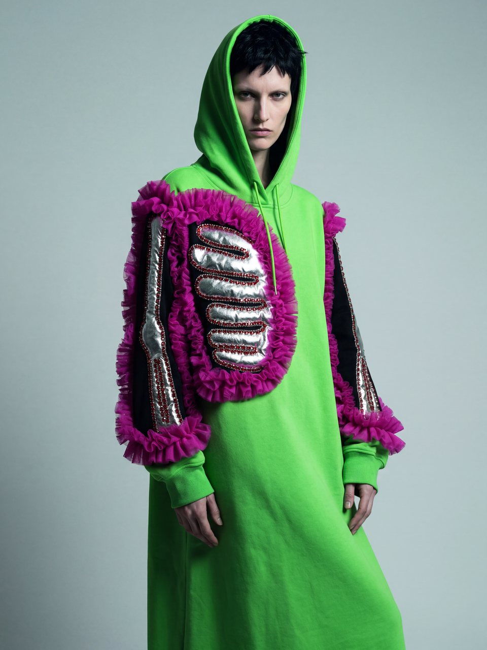 Green hooded couture coat
