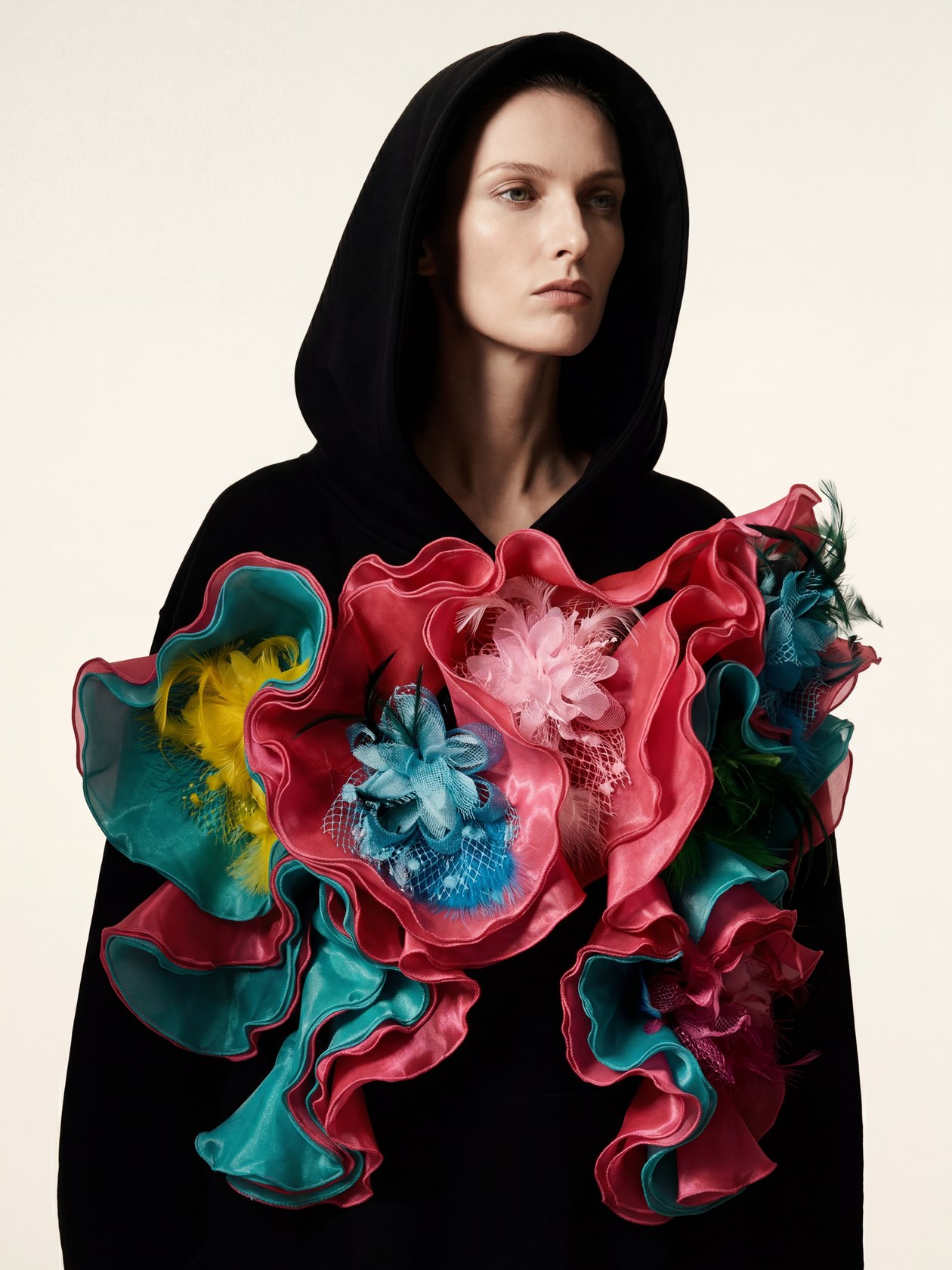 Black floral ruffle hood couture image